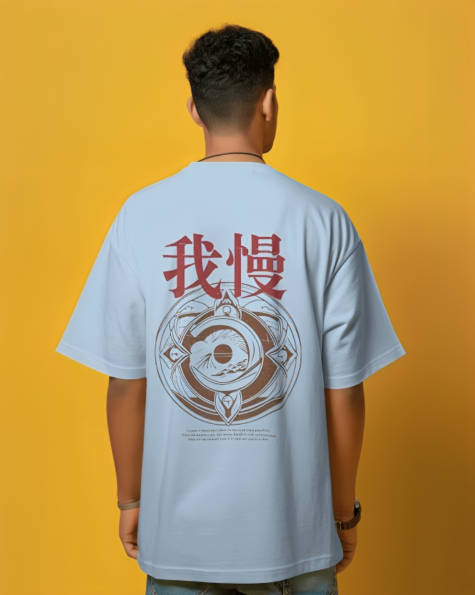 Gaman - Vintage Japanese Design Oversized Baby Blue T-shirt | Unisex