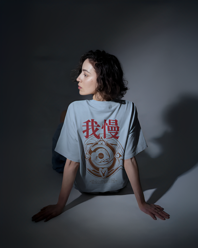 Gaman - Vintage Japanese Design Oversized Baby Blue T-shirt | Unisex